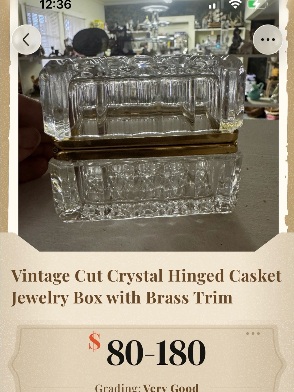 Vintage Cut Crystal Hinged Jewelry Box with Brass Trim - Clear